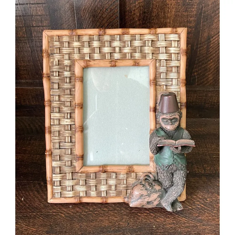 Vintage Monkey Bamboo Picture Frame | 4x5  | Wicker Rattan | Whimsical Safari